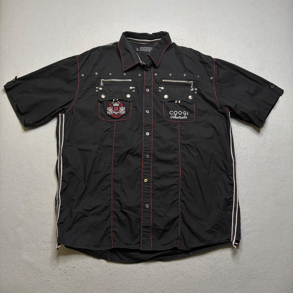 Coogi Button Up Shirt Mens XXL Black Y2K Australia Red Stitch Streetwear Top
